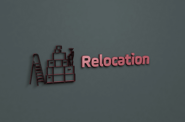 a red sign that reads relocation on a gray wall.