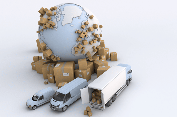 a globe surrounded by boxes and a truck.