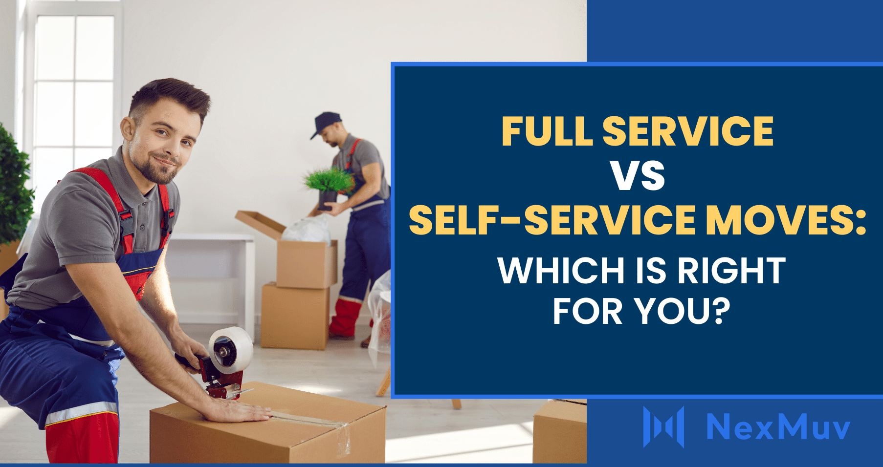 A man comparing full service and self-service moves while moving boxes.