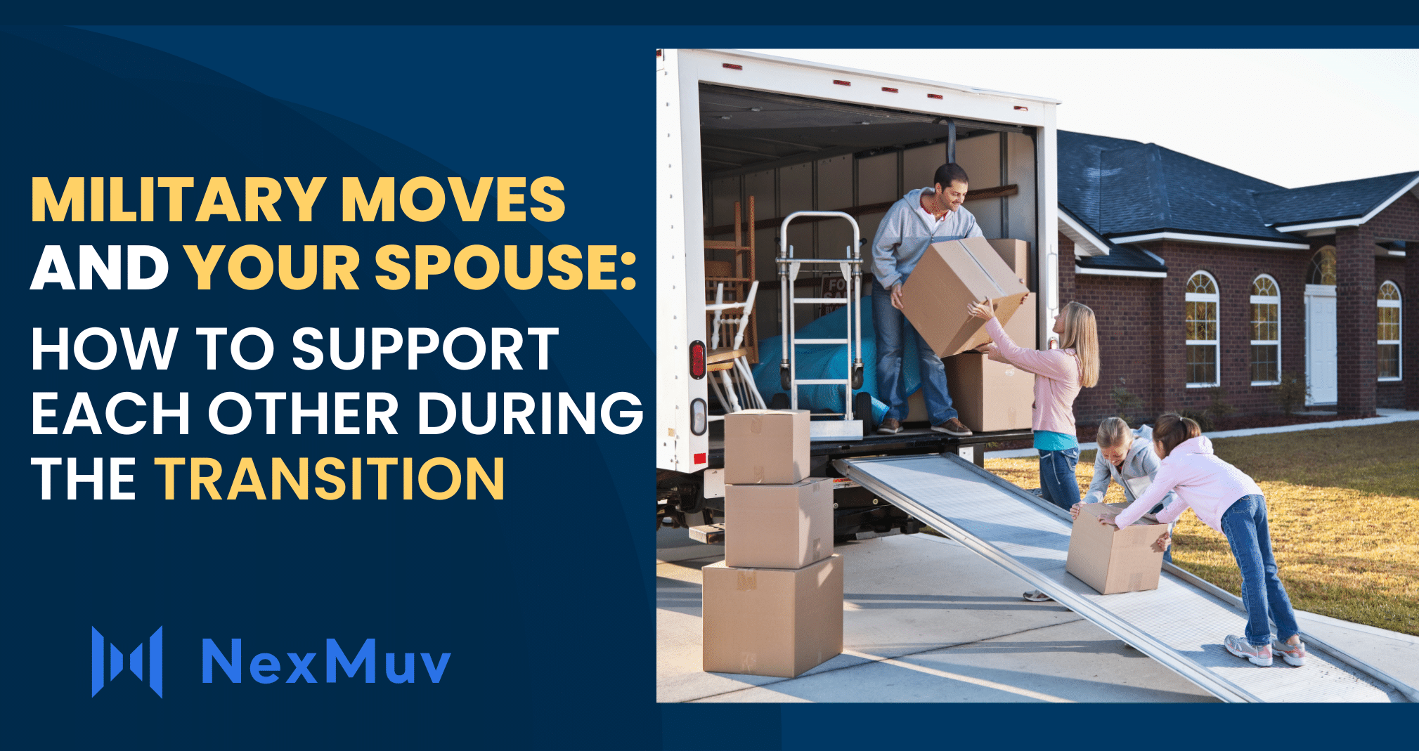 two people unloading boxes from a moving truck.