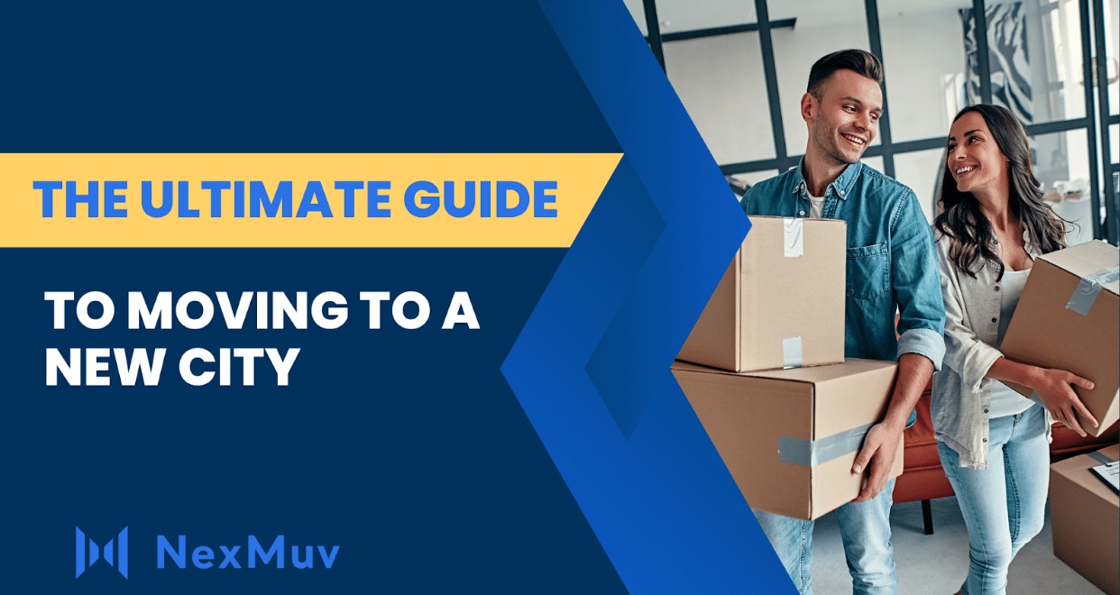 A couple move boxes to a new city.