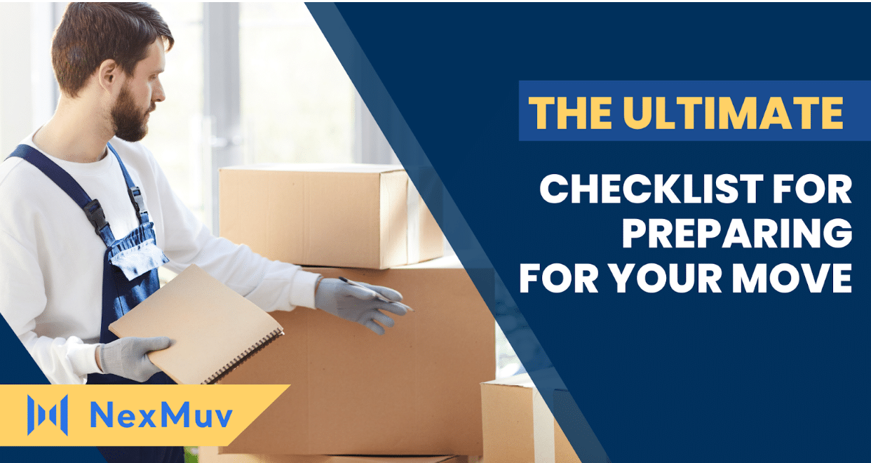 A man preparing for his MOVE by moving boxes marked with the ultimate checklist.